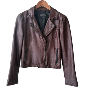 Express Burgundy Brown Vegan Leather Biker Bomber Jacket Long Sleeve Coat SMALL